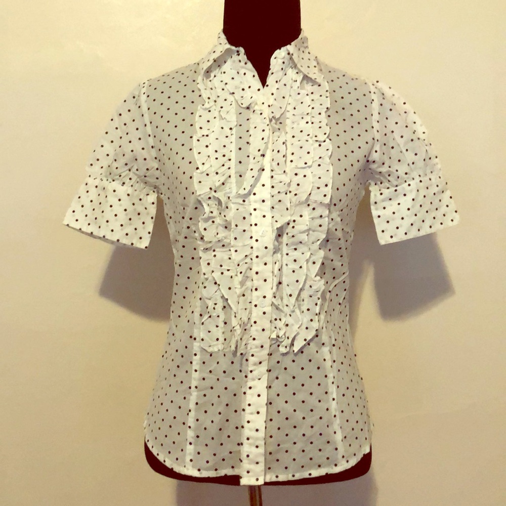 Short Sleeve Ruffled Front Button Down Blouse